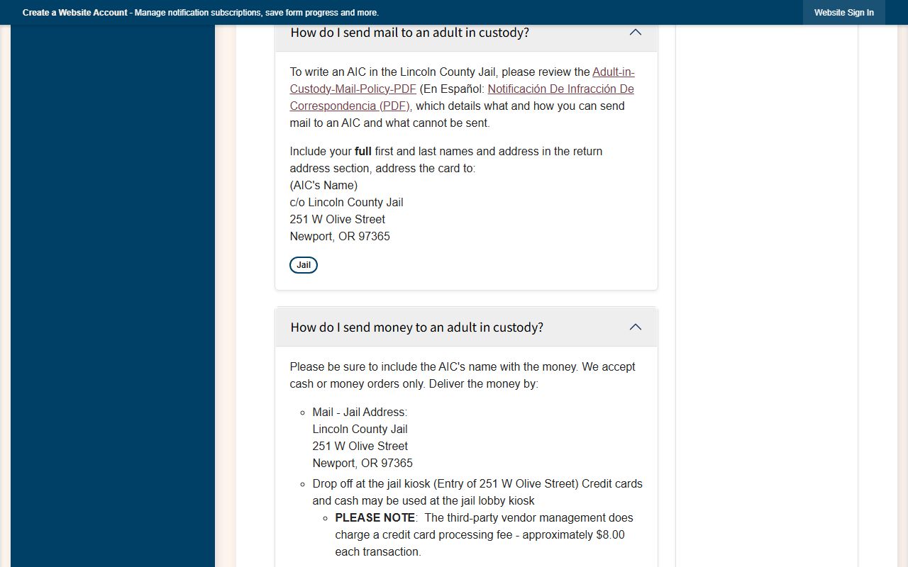Lincoln County Jail FAQ page for mail bail phone and commissary details