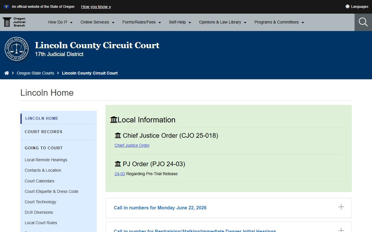 Lincoln County Circuit Court page for court records after a jail arrest