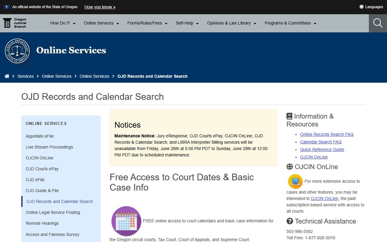 Oregon Judicial Department records and calendars page used after a Lincoln County arrest