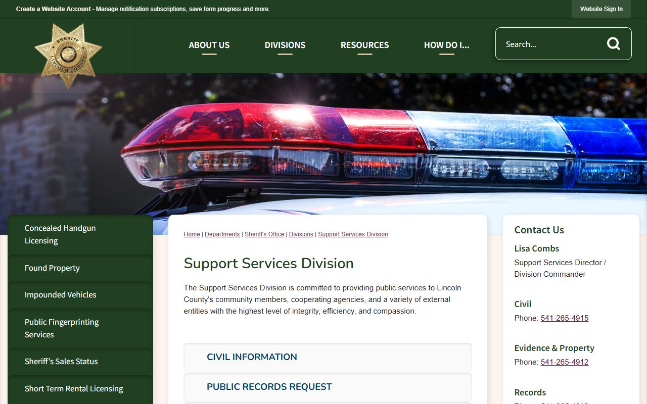 Lincoln County Sheriff's Support Services records request information